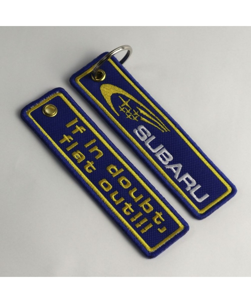 2843 keyring SUBARU - IF IN DOUBT - FLAT OUT 125mm X 33mm